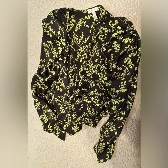 Leith women’s puff shoulder wrap black lime green‎ silk like shirt size 1XL - Picture 1 of 2